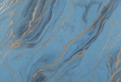 The primary subject of the image is a blue marble surface with gold accents. The setting is a room with a blue wall, and the visual style is a combination of a photo and digital art. The dominant colors are blue and gold, creating a luxurious and elegant atmosphere.