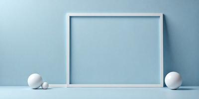 The primary subject of the image is a large, empty white frame. The setting is a blue background, which creates a contrasting and visually appealing environment. The visual style is a photo, showcasing the empty frame and the blue background. The colors and mood of the image are predominantly blue, giving it a calm and serene atmosphere.