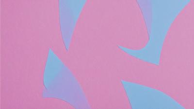 The primary subject of the image is a pink and blue abstract art piece. The setting is a pink background, and the visual style appears to be a combination of digital art and illustration. The dominant colors in the image are pink and blue, creating a vibrant and lively atmosphere.