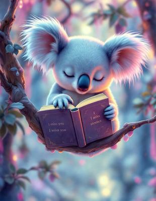 The primary subject of the image is a koala bear sitting in a tree and reading a book. The setting is a forest, with the tree being the main focus of the scene. The visual style is digital art, as the koala is depicted in a whimsical and imaginative manner. The colors and mood of the image are predominantly pink and purple, creating a warm and inviting atmosphere.