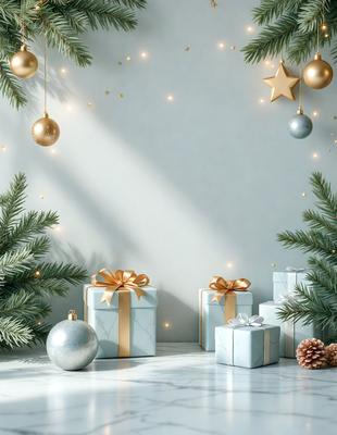 The primary subject of the image is a table with wrapped presents on it. The table is set against a white wall, creating a clean and minimalist backdrop. The visual style of the image is a photo, capturing the details of the presents and the table. The colors and mood of the image are predominantly white and neutral, giving it a calm and serene atmosphere.