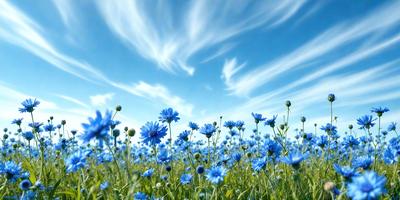 The primary subject of the image is a field of blue flowers, with a sky background. The visual style is a photo of the flowers in a field. The colors and mood of the image are predominantly blue, creating a serene and peaceful atmosphere.