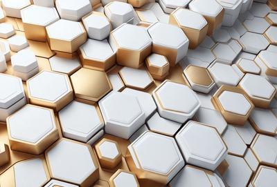 The primary subject of the image is a pattern of gold and white hexagons. The setting is a white background, and the visual style is a combination of photo and digital art. The dominant colors are gold and white, creating a clean and elegant atmosphere.