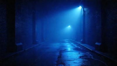 The primary subject of the image is a dark alleyway with a blue light illuminating it. The setting is a brick wall, and the visual style appears to be a photo. The dominant colors are blue and black, creating a moody atmosphere.