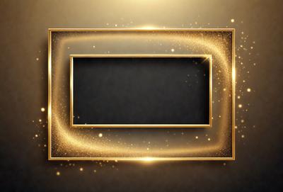 The primary subject of the image is a gold frame with a black background. The setting is a studio, and the visual style is a digital art or illustration. The colors and mood are warm and elegant, with the gold frame and black background creating a sophisticated and luxurious appearance.