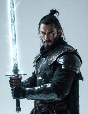 The primary subject of the image is a man dressed in a black armor, holding a sword. He appears to be a warrior or a character from a fantasy story. The setting is a white background, which provides a clean and minimalistic look to the image. The visual style is a digital art or illustration, as the man and his armor are depicted in a detailed and realistic manner. The colors and mood of the image are dark and dramatic, emphasizing the warrior's fierce and powerful presence