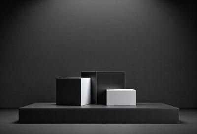 The primary subject of the image is a black and white display of three boxes. The setting is a dark room, and the visual style is a black and white photo. The dominant colors are black and white, creating a classic and timeless atmosphere.