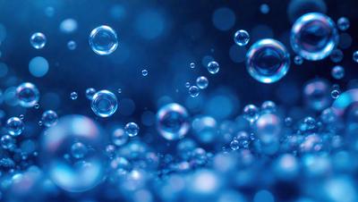 The primary subject of the image is a blue background with numerous bubbles floating in the air. The setting appears to be a dark, possibly underwater, environment. The visual style is a combination of a photo and digital art, creating a unique and captivating scene. The dominant colors are blue and white, giving the image a calming and serene atmosphere.