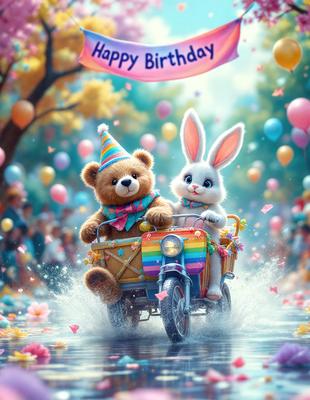 The primary subject of the image is a teddy bear and a bunny riding a toy car. The setting is a colorful and lively environment, with a rainbow-colored car and balloons in the background. The visual style is a digital art or illustration, creating a whimsical and playful atmosphere. The dominant colors are bright and vibrant, with the rainbow car and balloons adding a cheerful touch to the scene.