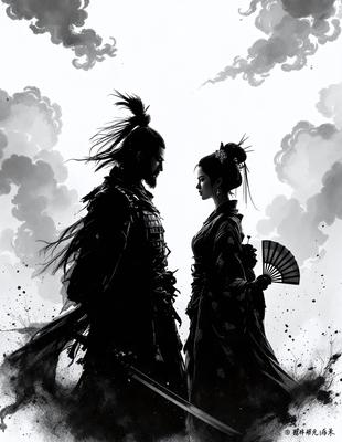 The primary subject of the image is a man and a woman standing next to each other. They are both dressed in traditional Asian clothing, with the woman wearing a kimono. The setting appears to be a cloudy sky, which adds to the overall atmosphere of the scene. The visual style of the image is a black and white drawing, giving it a classic and timeless appearance. The colors and mood of the image are predominantly dark and dramatic, with the couple standing out against the cloudy sky.