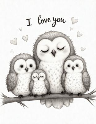 The image features a group of three baby owls sitting on a branch, with a fourth owl, likely an adult, sitting behind them. The baby owls are positioned close to each other, creating a sense of warmth and togetherness. The scene is set in a natural environment, with the owls sitting on a branch, possibly in a forest or wooded area. The visual style of the image is a combination of digital art and illustration, with the owls depicted in a detailed and realistic manner.
