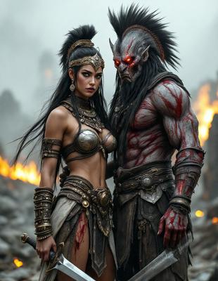 The primary subject of the image is a man and a woman standing together, with the woman wearing a gold bra and the man wearing a helmet. They are both dressed in costumes, possibly representing characters from a fantasy or mythological story. The setting appears to be a rocky landscape, with a fire in the background. The visual style of the image is a combination of photo and digital art, creating a unique and intriguing scene. The colors and mood of the image are dark and dramatic, with the fire