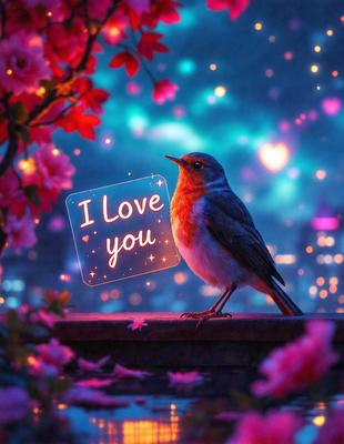 The primary subject of the image is a small bird perched on a brick wall. The bird is surrounded by a beautiful pink flower, which adds a touch of color and beauty to the scene. The setting appears to be an outdoor environment, with the bird sitting on a brick wall. The visual style of the image is a combination of photo and digital art, creating a unique and eye-catching scene. The colors and mood of the image are predominantly pink and warm, evoking feelings of love and affection.