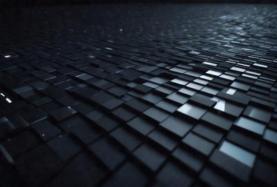 The primary subject of the image is a black and white tiled floor. The setting is a dark room, and the visual style is a close-up of the tiled floor. The colors and mood of the image are predominantly dark and moody, with the black and white tiles creating a striking contrast against the dark background.