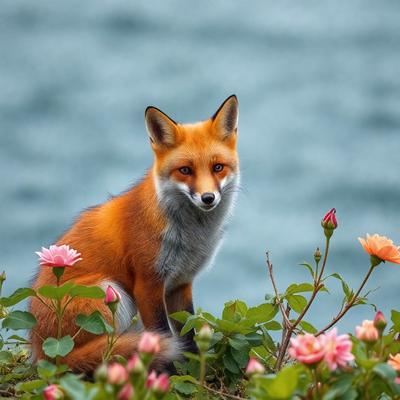 The primary subject of the image is a fox sitting on a grassy hillside. The setting is a grassy area with a body of water in the background. The visual style is a photo, capturing the fox in its natural habitat. The colors and mood of the image are predominantly earthy tones, creating a serene and natural atmosphere.