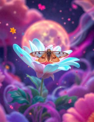The primary subject of the image is a butterfly perched on a flower. The setting is a colorful, artistic environment, possibly a digital art or illustration. The visual style is vibrant and lively, with the butterfly and flower being the main focus of the image. The colors and mood are bright and cheerful, with the butterfly and flower being the main elements that create the overall atmosphere.