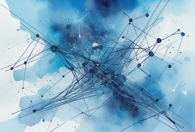 The primary subject of the image is a complex network of interconnected lines, which are depicted in a blue and white color scheme. The setting appears to be a cloudy sky, with the lines creating a sense of depth and intricacy. The visual style of the image is a combination of digital art and illustration, showcasing the artist's skill in creating a detailed and visually appealing piece. The overall atmosphere of the image is one of complexity and beauty, with the interconnected lines creating a sense of unity and harm