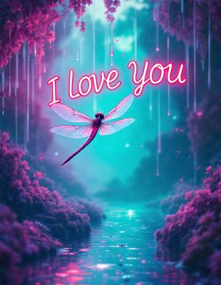 The primary subject of the image is a dragonfly, which is the main object, scene, or focus of the image. The dragonfly is flying over a body of water, which serves as the setting or background. The visual style of the image is digital art, as it is a digital illustration of a dragonfly. The dominant colors in the image are pink and purple, creating a warm and romantic atmosphere.