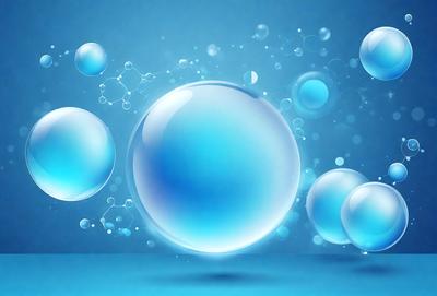 The primary subject of the image is a large, blue, round bubble. The bubble is floating in a blue background, which gives the scene a serene and calming atmosphere. The visual style of the image is a combination of photo and digital art, creating a unique and eye-catching composition. The dominant colors in the image are blue and white, with the blue bubble being the focal point of the scene.