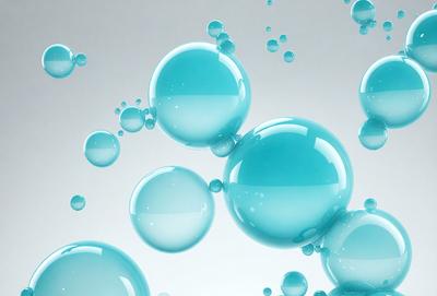 The primary subject of the image is a collection of blue bubbles floating in a white background. The setting appears to be a white surface, possibly a wall or a background for a digital art piece. The visual style is a combination of photo and digital art, as the bubbles are captured in a photograph-like manner, but the overall atmosphere is more artistic and creative. The dominant colors are blue and white, creating a sense of depth and contrast in the image.