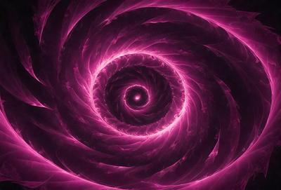 The primary subject of the image is a large, pink, spiral-shaped object. The setting is a dark background, which contrasts with the bright pink color of the spiral. The visual style appears to be a combination of a photo and a digital art or illustration, as the spiral has a distinct, artistic quality. The colors and mood of the image are predominantly pink, creating a warm and inviting atmosphere.