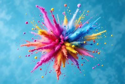 The primary subject of the image is a colorful, swirling, and vibrant explosion of colors. The setting is a blue sky, which serves as a beautiful backdrop for the colorful display. The visual style of the image is a combination of photo and digital art, creating a unique and eye-catching effect. The dominant colors in the image are pink, blue, yellow, and orange, creating a lively and energetic atmosphere.