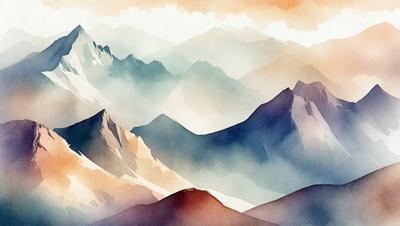 The primary subject of the image is a mountain range with a sky background. The setting is a mountainous landscape, and the visual style is a painting or drawing. The colors and mood of the image are predominantly warm and vibrant, with a focus on the mountain range and its surrounding environment.