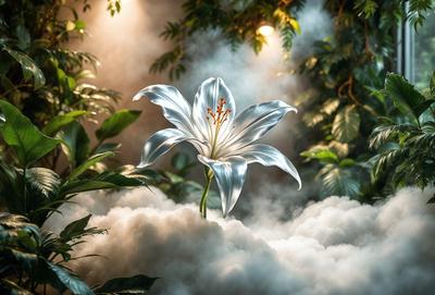 The primary subject of the image is a white flower, likely a lily, with a yellow center. The flower is situated in a forest setting, surrounded by trees and a misty atmosphere. The visual style of the image is a combination of photo and digital art, creating a surreal and dreamy ambiance. The dominant colors in the image are white and yellow, with the white flower being the focal point. The overall mood of the image is serene and peaceful, with the flower standing out against the natural backdrop.