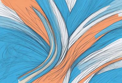 The primary subject of the image is a blue and orange abstract artwork. The setting is a blue background, and the visual style appears to be a combination of digital art and illustration. The dominant colors in the artwork are blue and orange, creating a vibrant and lively atmosphere.