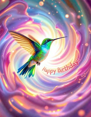 The primary subject of the image is a colorful butterfly flying through a vibrant, swirling, and pinkish-purple background. The butterfly is positioned in the center of the scene, with its wings spread wide. The setting appears to be a whimsical and artistic environment, possibly a digital art or illustration. The colors and mood of the image are lively and cheerful, with the butterfly's vivid green and blue hues contrasting beautifully against the