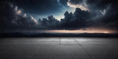 The primary subject of the image is a large, empty concrete platform with a long, thin line in the middle. The platform is situated in front of a beautiful mountain range, creating a striking contrast between the man-made structure and the natural landscape. The setting is a cloudy sky, which adds to the overall atmosphere of the scene. The visual style of the image is a photo, capturing the details of the platform and the mountain range in a realistic manner. The colors and mood of the image are dominated by the contrasting