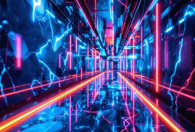 The primary subject of the image is a long, narrow hallway with a blue lighting effect. The setting is a futuristic environment, possibly a space station or a high-tech facility. The visual style is a combination of digital art and illustration, creating a unique and captivating atmosphere. The dominant colors are blue and pink, giving the scene a futuristic and vibrant feel.