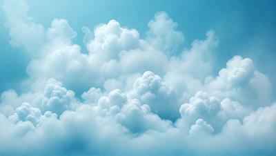 The primary subject of the image is a cloudy blue sky filled with numerous white clouds. The setting is a vast, open sky, and the visual style is a natural, outdoor atmosphere. The colors and mood of the image are predominantly blue and white, creating a serene and peaceful ambiance.