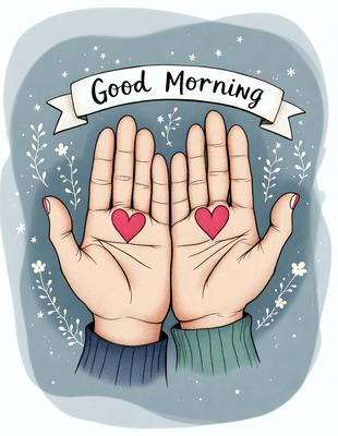 The primary subject of the image is a hand holding a heart. The setting is a blue background, and the visual style is a hand-drawn illustration. The colors are predominantly blue and red, creating a warm and inviting atmosphere.