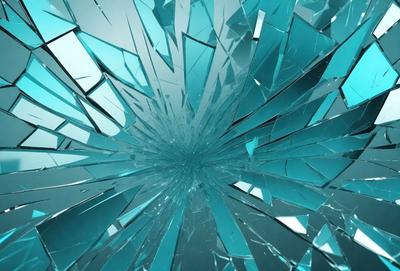 The primary subject of the image is a large, blue, shattered glass piece. The setting is a dark background, which contrasts with the blue glass. The visual style is a close-up of the shattered glass, showcasing its intricate details. The colors and mood of the image are predominantly blue, creating a sense of depth and complexity.