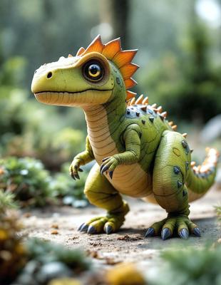 The primary subject of the image is a toy dinosaur, specifically a green and yellow ceratops, standing on a dirt ground. The setting is a forest, with trees visible in the background. The visual style of the image is a digital art, as it appears to be a computer-generated or digitally rendered image. The colors and mood of the image are vibrant and lively, with the green and yellow ceratops being the main focus of the scene.