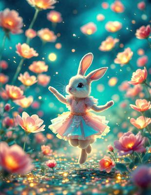 The primary subject of the image is a small bunny rabbit, dressed in a pink dress, standing in a field of flowers. The setting is a beautiful garden with a variety of flowers, creating a serene and picturesque environment. The visual style of the image is a combination of photo and digital art, giving it a unique and artistic appearance. The dominant colors in the image are pink and various shades of flowers, creating a warm and cheerful atmosphere.