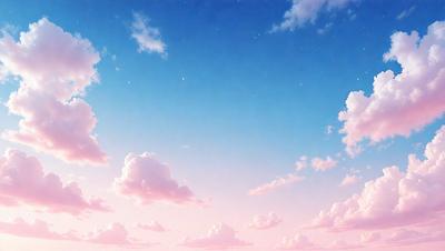 The primary subject of the image is a cloudy blue sky with a few clouds scattered throughout. The setting is a vast, open space with no visible landmarks or objects. The visual style is a combination of digital art and illustration, creating a serene and peaceful atmosphere. The dominant colors are blue and pink, with the blue sky and pink clouds adding a sense of tranquility to the scene.