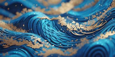 The primary subject of the image is a blue and gold patterned fabric. The setting is a blue background, and the visual style appears to be a combination of digital art and illustration. The colors in the image are predominantly blue and gold, creating a serene and elegant atmosphere.