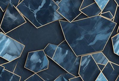 The primary subject of the image is a blue and gold marble tile. The setting is a blue and gold marble tile floor. The visual style is a close-up of the marble tile. The colors and mood are a combination of blue and gold, creating a luxurious and elegant atmosphere.