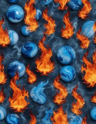 The primary subject of the image is a collection of blue and white glass balls, which are arranged in a pattern. The setting is a blue background, and the visual style appears to be a digital art or illustration. The dominant colors are blue and white, creating a calm and serene atmosphere.