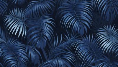 The primary subject of the image is a close-up of a blue and green palm tree. The setting is a dark blue background, which creates a striking contrast with the palm tree. The visual style is a digital art or illustration, as the palm tree appears to be a part of a larger pattern or design. The colors and mood of the image are predominantly blue and green, giving it a calm and serene atmosphere.