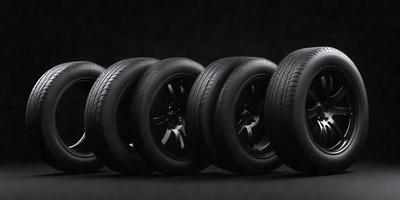 The primary subject of the image is a row of tires, which are the main objects in the scene. The setting is a dark background, which creates a moody atmosphere. The visual style is a black and white photo, giving the image a classic and timeless appearance. The colors and mood are predominantly dark, with the tires being the main focus of the image.