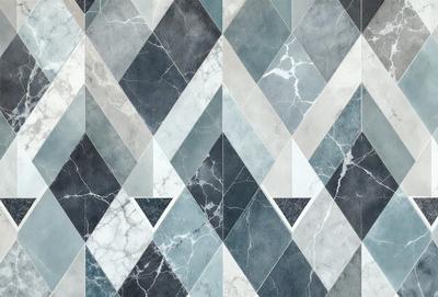 The primary subject of the image is a patterned tile wall with a blue and white color scheme. The setting is a room with a marble-like surface, which adds to the overall visual style. The image appears to be a digital art or illustration, showcasing a unique and intricate design. The dominant colors are blue and white, creating a calm and sophisticated atmosphere.