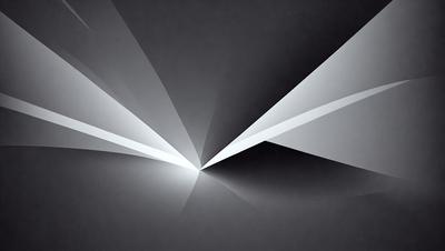 The primary subject of the image is a large, white, triangular shape. The setting is a black background, which contrasts with the white shape. The visual style appears to be a digital art or illustration, as the shape is depicted in a clean and precise manner. The colors and mood of the image are predominantly black and white, giving it a minimalist and modern appearance.