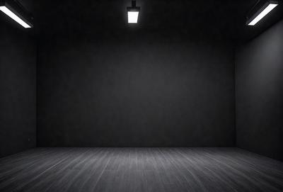 The primary subject of the image is a large, dark room with a single light source. The setting is a black room with a wooden floor. The visual style is a black and white photo. The dominant colors are black and white, creating a moody atmosphere.