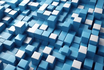 The primary subject of the image is a blue and white checkered pattern. The setting is a blue background, and the visual style is a digital art or illustration. The dominant colors are blue and white, creating a calm and soothing atmosphere.