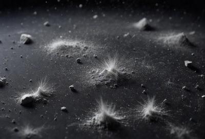 The primary subject of the image is a cluster of small, white, fuzzy balls or dots, which are scattered across a black surface. The setting appears to be a dark room, and the visual style is a close-up of the dots, creating a sense of depth and texture. The colors are predominantly black and white, giving the image a moody and dramatic atmosphere.