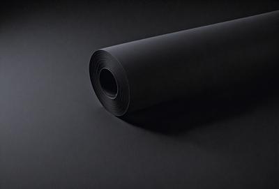 The primary subject of the image is a black roll of material, possibly a piece of fabric or a large sheet of paper. The setting is a dark room, with the roll of material being the main focus of the image. The visual style appears to be a close-up of the roll, emphasizing its texture and details. The colors in the image are predominantly black, giving the scene a moody and dramatic atmosphere.