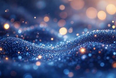 The primary subject of the image is a blue, shimmering, and sparkling surface, which appears to be a blue ocean or a blue background. The setting is a dark, starry night, with the blue surface as the main focus. The visual style is a combination of a photo and digital art, creating a unique and captivating atmosphere. The colors and mood are predominantly blue, with a hint of sparkling and shimmering, giving the image a serene and tranquil feel.